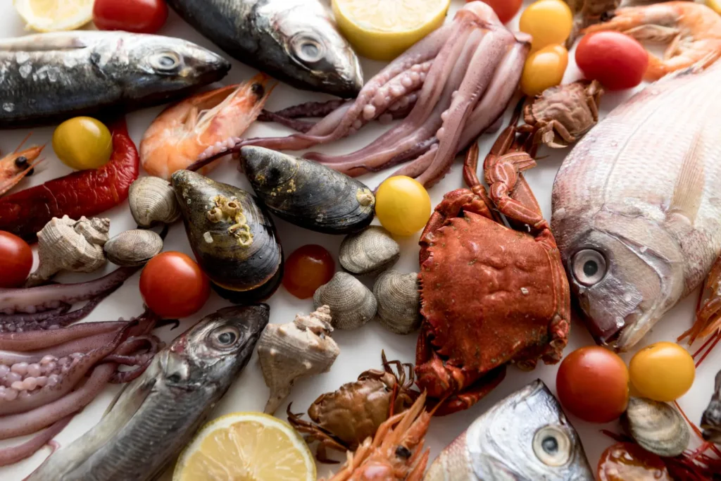 Grande variedade de frutos do mar representando a premier como um fornecedor de frutos do mar